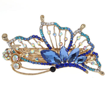 Gold Finish Rhinestone Butterfly Hair Barrette Blue